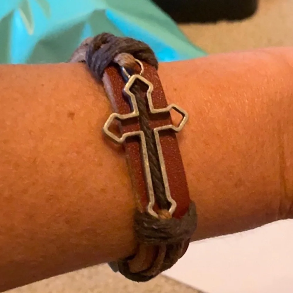 Brown Faux Leather Cross Bracelet - Picture 1 of 3